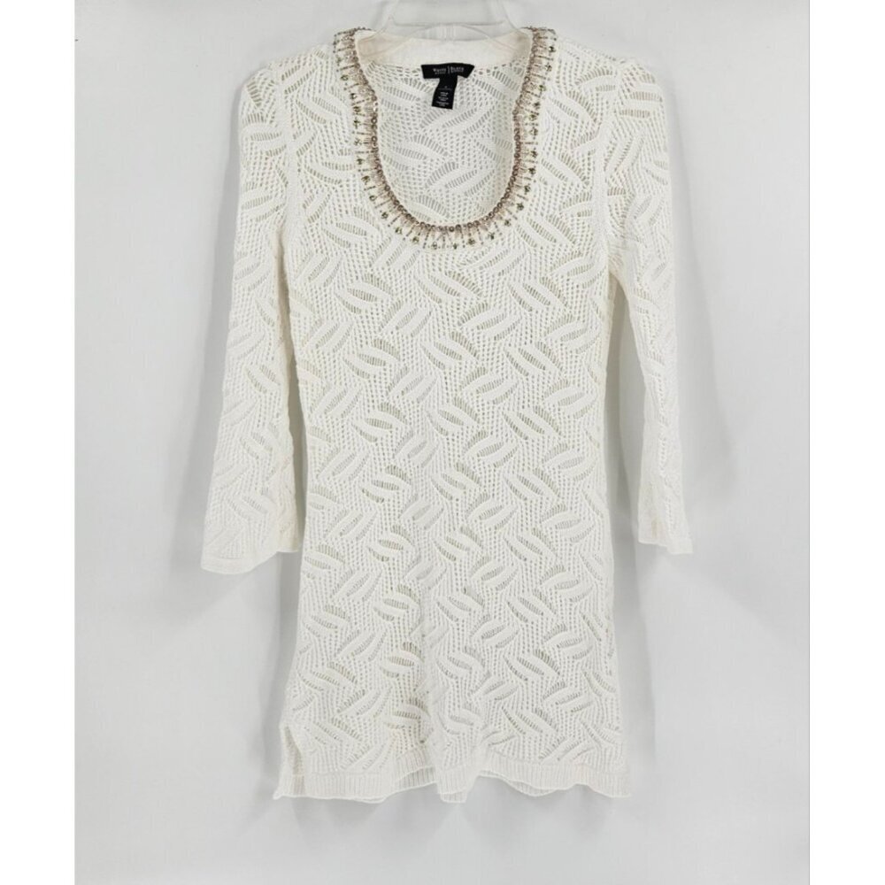 White House Black Market White Crochet Mini Dress Sz S Embellished Scoop Neck